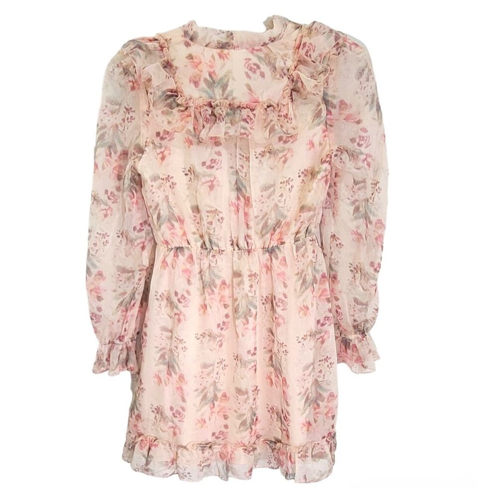 J ING Women's Multicolor Pink Floral Ruched Ruffled Mini Dress‎ Size Small NWT